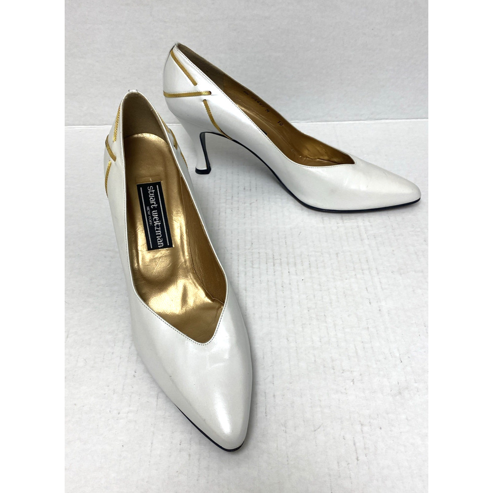 Stuart Weitzman White Pump Leather Gold Slim Heel Classic Vintage Almond Toe 10 - Picture 8 of 10